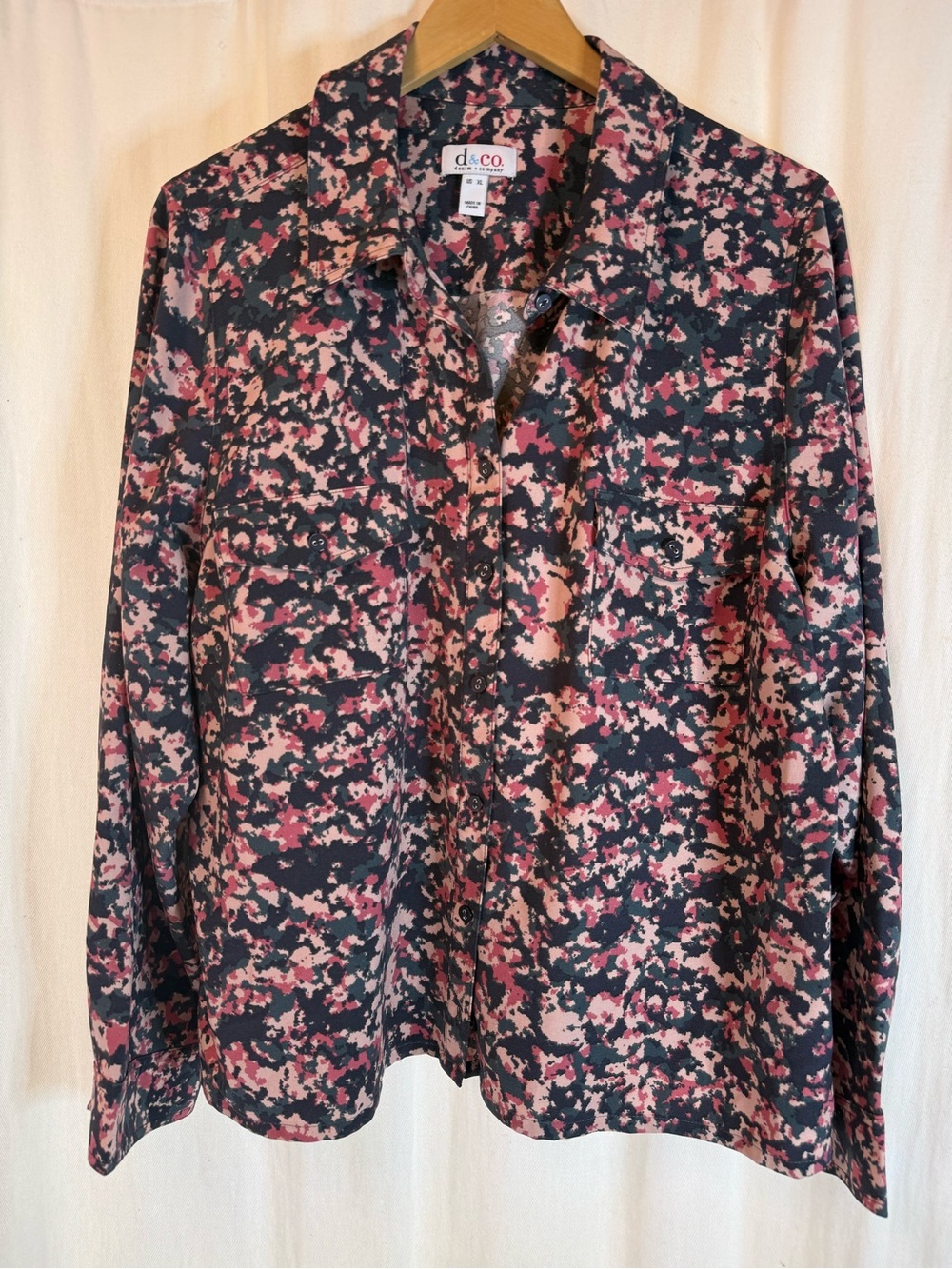 Denim & Co. Utility Blouse Black Pink Multi Splatter Print with Pockets